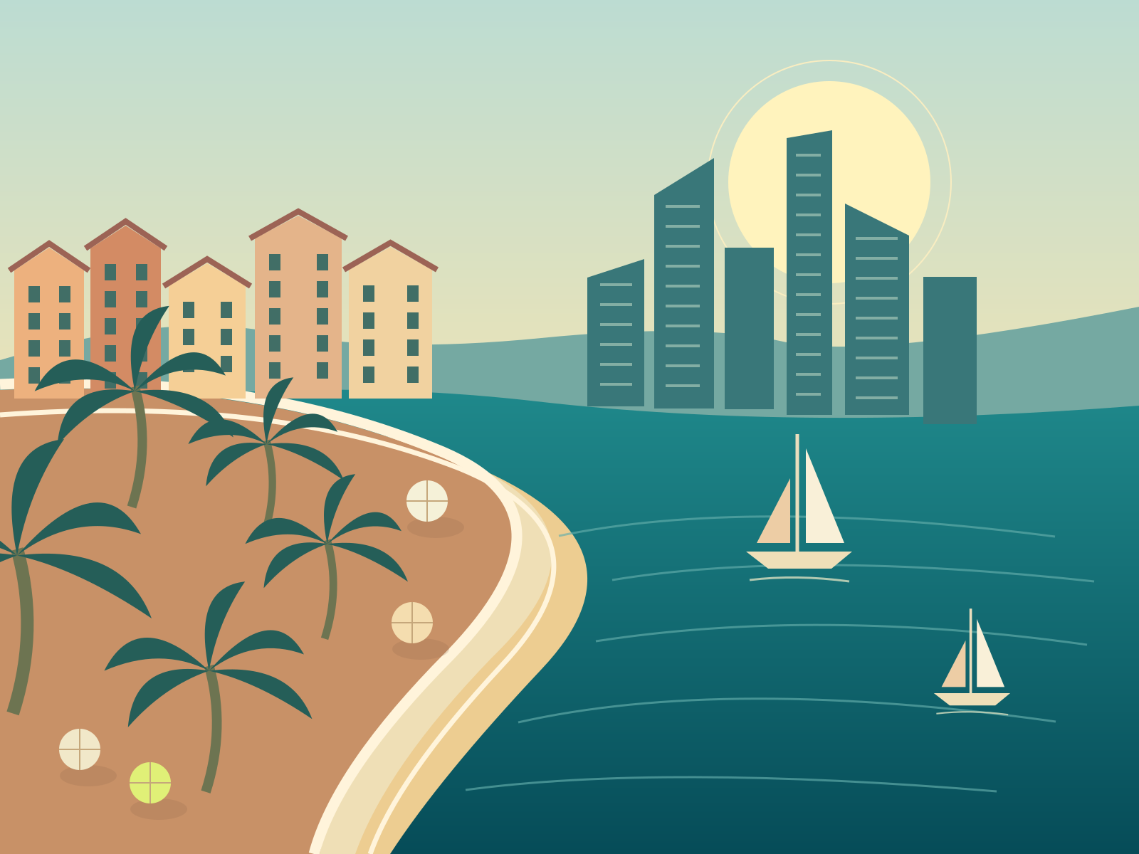 Original coastal illustration combining a palm-lined promenade, teal towers, Mediterranean houses, and sailboats.