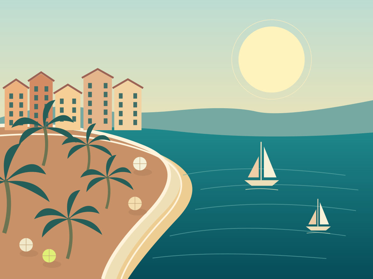 Illustrated Mediterranean coast with ochre houses, small sailboats, and a sunlit harbor.