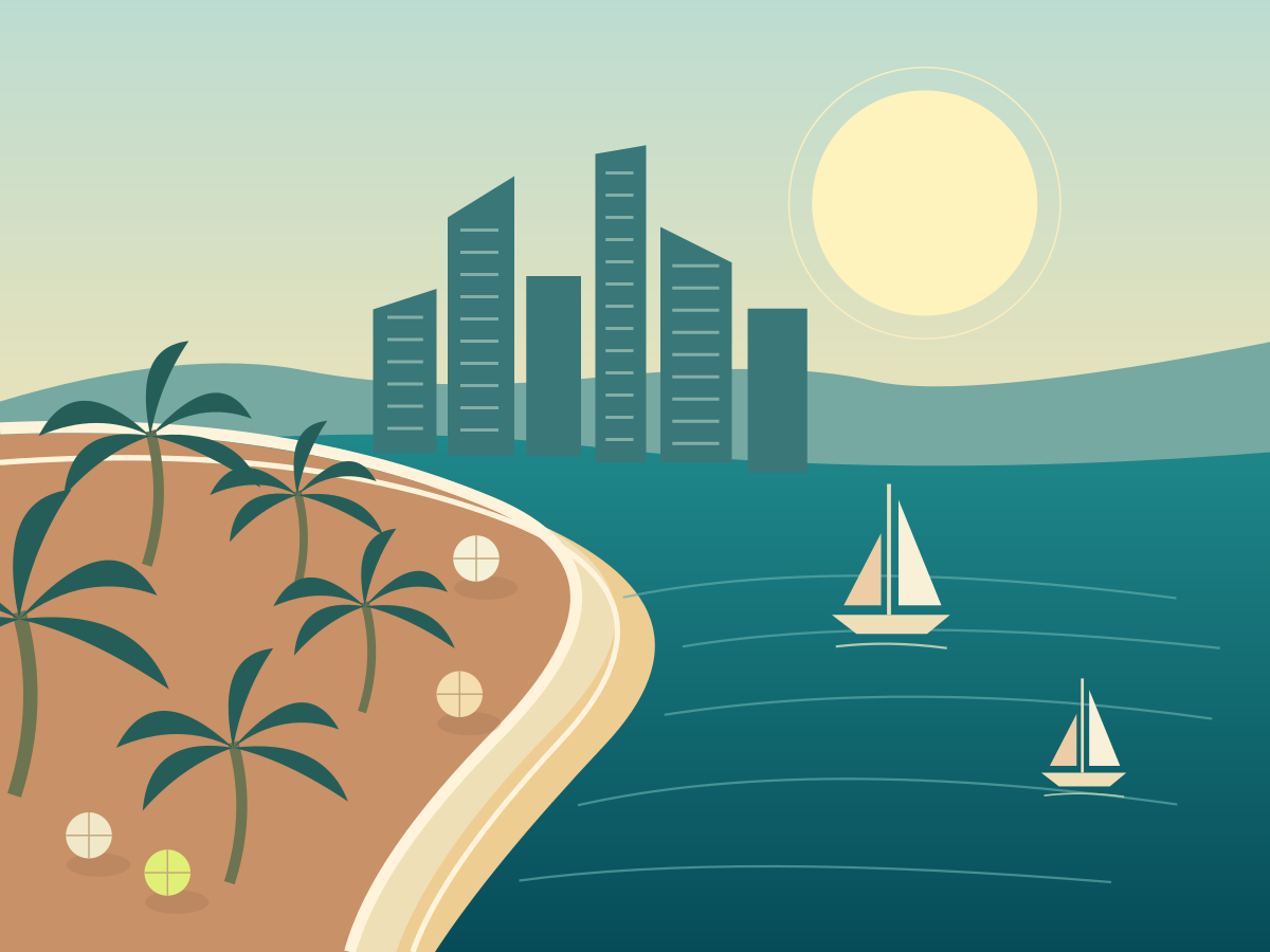Illustrated UAE-inspired waterfront with geometric towers, palms, and a curving seaside promenade.