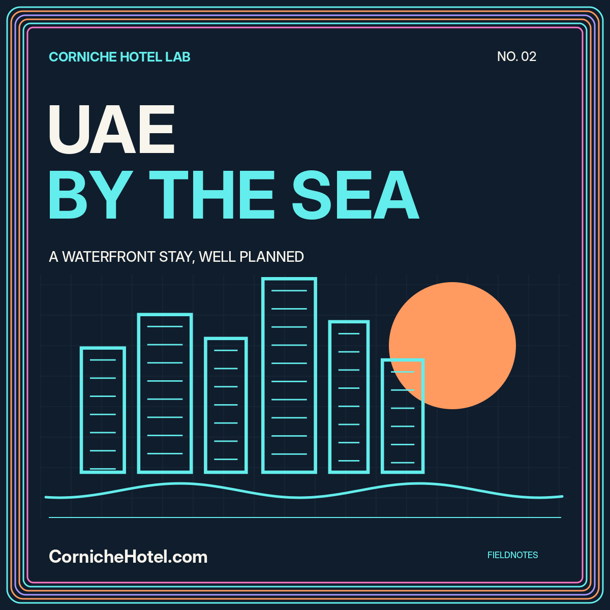 UAE by the sea: cyan skyline and orange sun, framed with bright multicolor pinstripes.